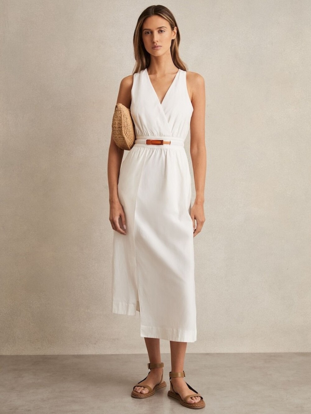 Reiss Brianne Poplin Belted Split Midi Dress Ivory White Size 8P